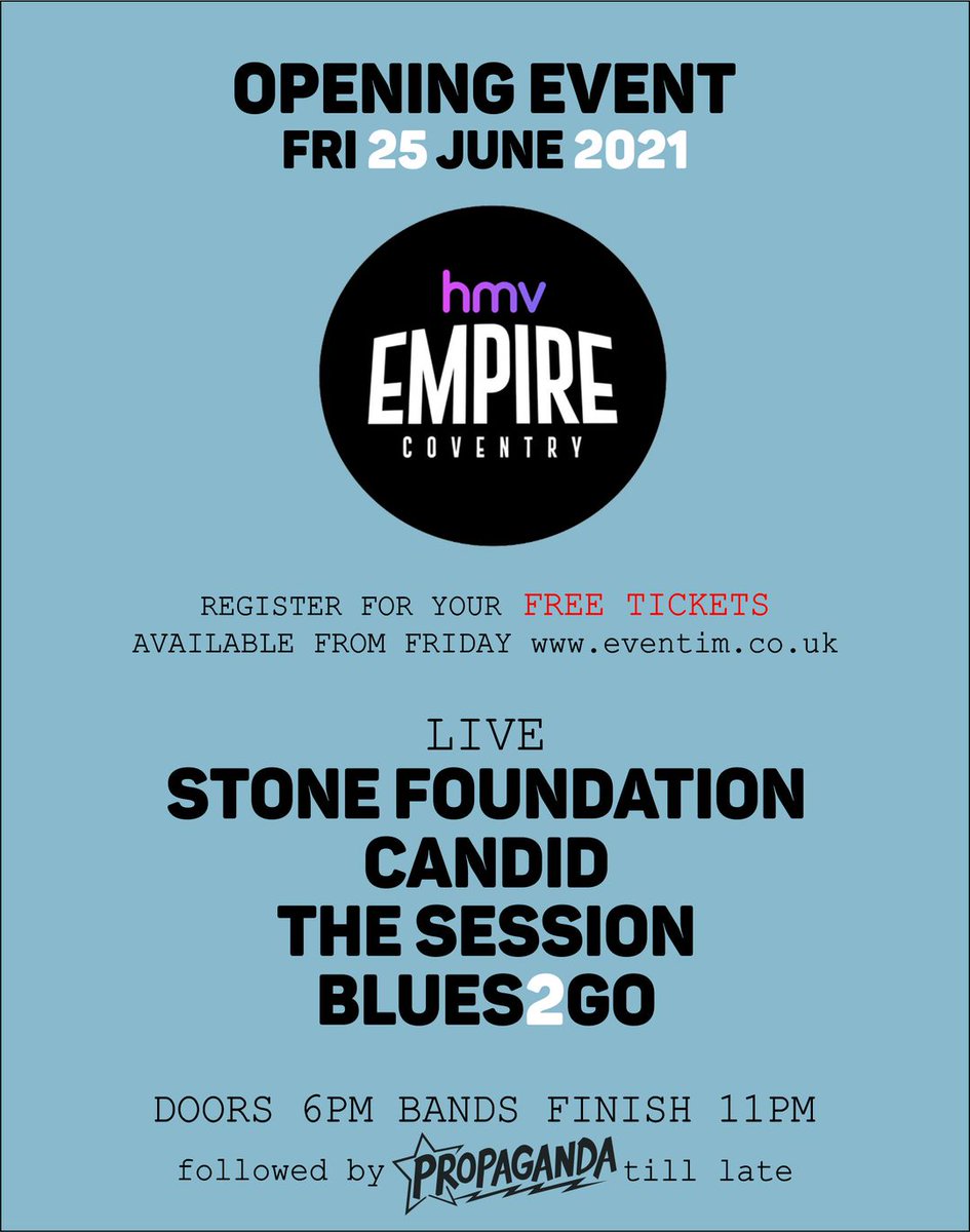 ***FREE TICKET LINK NOW LIVE***

@stonefoundation | @candidcov | @TheSessionHQ | Blues2Go | @PropagandaCvtry

Tickets👉 bit.ly/hmvempirelaunch

#Coventry #CityOfCulture #LiveMusic #FreeGig