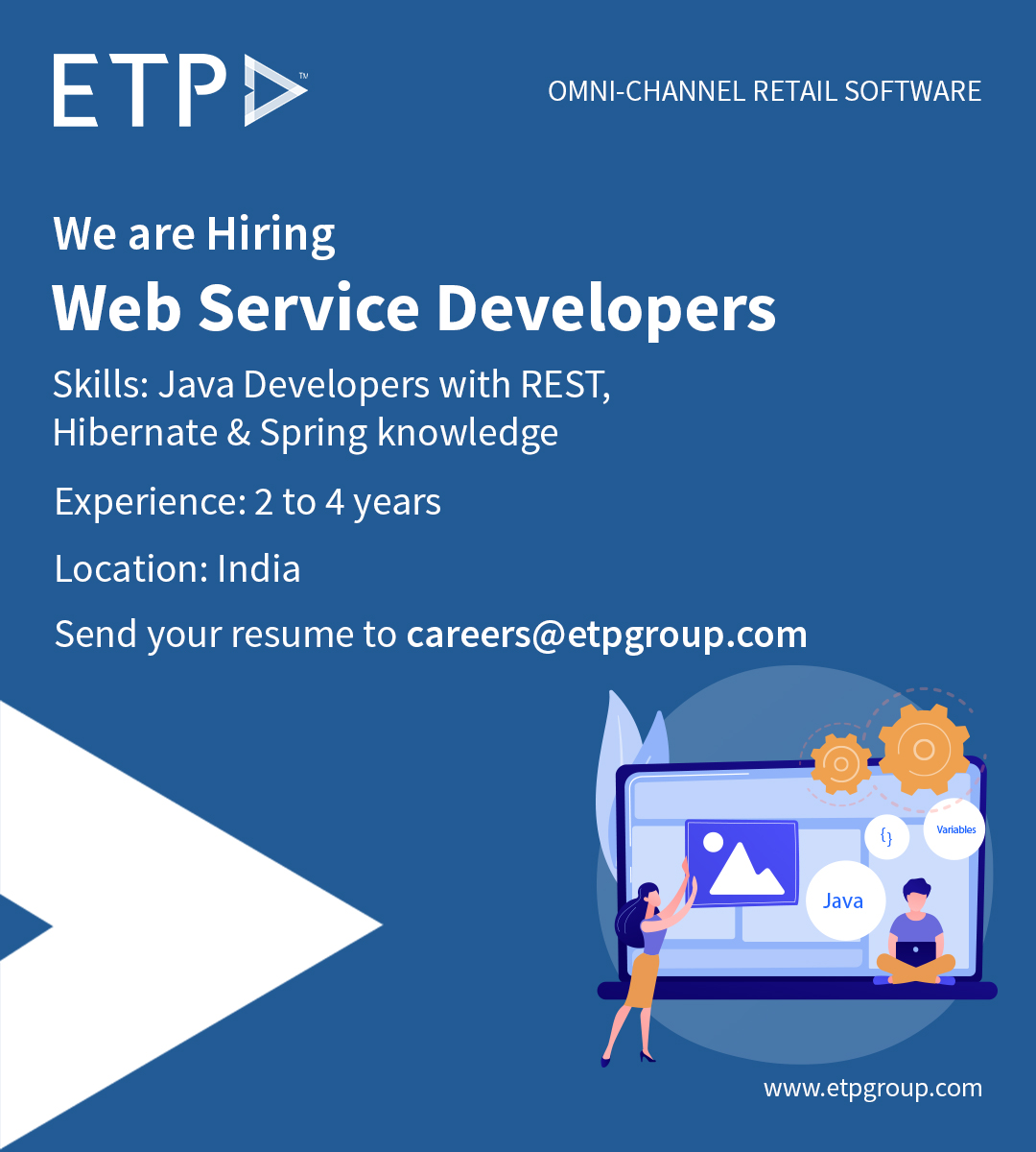 ETPGroup's tweet image. ETP is hiring Web Service Developers who can think visually from the other side of the fence.
Submit your resume to careers@etpgroup.com OR on our careers page at etpgroup.com
#etpgroup #webservicesdeveloper #coding #javascript #debugging #programming #coder #java