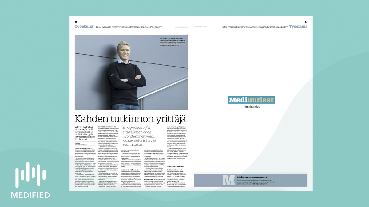 Ilahduttava juttu Medifiedistä on nyt luettavissa uusimmasta @Mediuutiset lehdestä. ✨
--
Our founding member and CEO, Valtteri, shares his own thoughts about our mission in the latest Mediuutiset newspaper.

#medifiednews #medified #mentalhealthmatters #mediuutiset