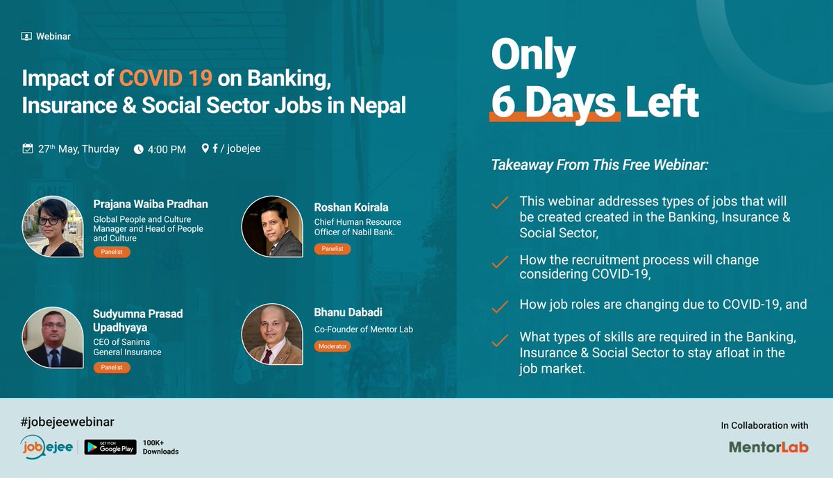 jobejeenepal's tweet photo. Only 6 days!! left to enlighten yourself about "Impact Of Covid-19 on Banking, Insurance and Social Sector Jobs In Nepal"
Click here to register https://t.co/HytmgaSo0o
#jobejee #jobsearch #jobejeewebinar #jobejeeemploymentindex #employmnetindex #staysafe #JobsinNepal #StayHome https://t.co/QR3N9K4Ac7