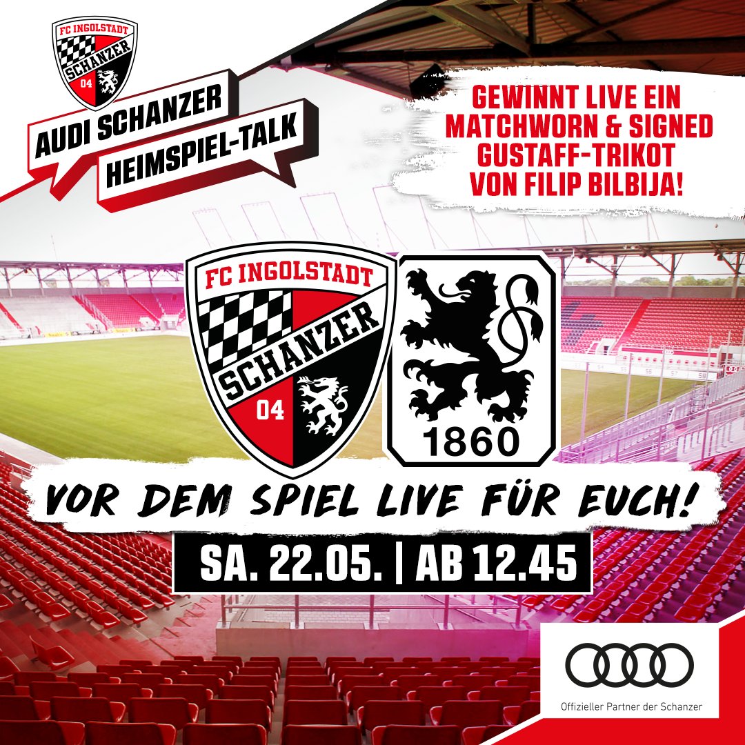 Schanzer's tweet photo. MAGENTA SPORT & @BR24sport (Free-TV) übertragen das Spiel, doch DAVOR sind wir dran! 😉⚫️🔴
Unser Audi #Schanzer Heimspieltalk stimmt euch ab 12.45 Uhr auf #FCIM60 ein - live auf Facebook oder https://t.co/W6wKQLU7bQ 📲💻
Gäste: Geschäftsführer Manuel #Sternisa & Filip #Bilbija https://t.co/FaOMRvZMhO