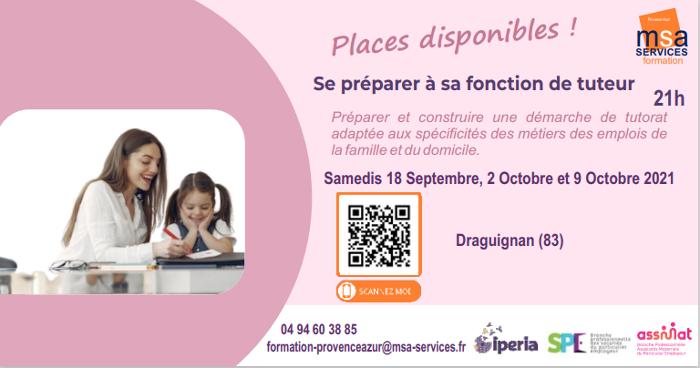 OFMsaServicesPA's tweet photo. ✴️ NOUVEAUTE FORMATION

👩‍🏫Se préparer à sa fonction de tuteur :

Préparer et construire une démarche de tutorat adaptée aux métiers des emplois de la famille et du domicile.

Pour qui ? Assistants maternels ou salariés du particulier employeur
+ d'infos : https://t.co/TfFi5imXBJ https://t.co/K8IiFNgZmW