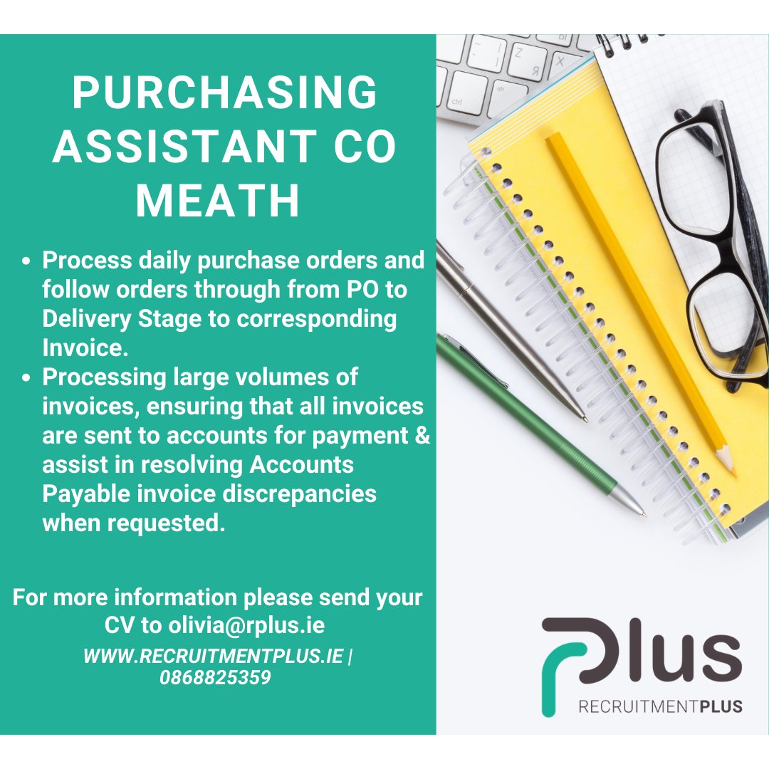 Exciting new opportunity for a Purchasing Assistant based in Co Meath. Send your CV to olivia@rplus.ie or call 0868825359 today! #jobfairy #louthchat