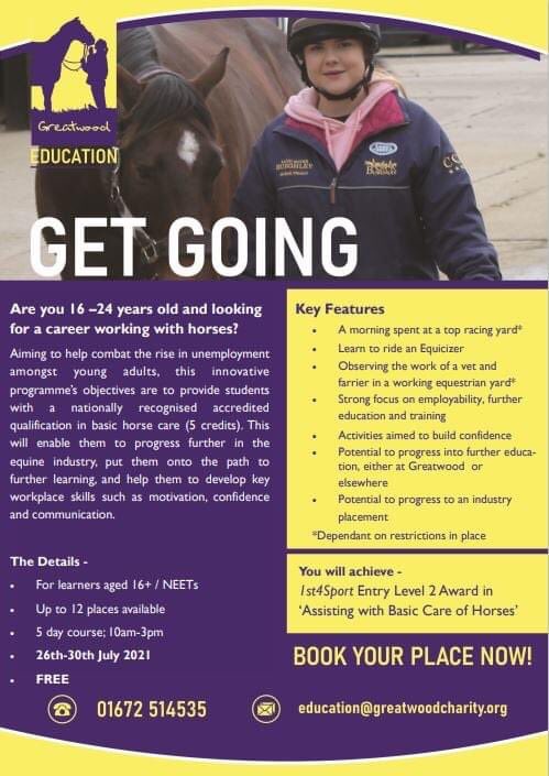 Greatwood Charity (@greatwoodhorses) on Twitter photo BOOK YOUR FREE PLACE NOW on our accredited summer holiday course.
16+ and looking to take the next step towards a new career? We are here to help.
For more information please contact:
☎️ 01672 514535
📧 alex.shaw@greatwoodcharity.org
#FridayMotivation #FridayFeeling BOOK YOUR FREE PLACE NOW on our accredited summer holiday course.
16+ and looking to take the next step towards a new career? We are here to help.
For more information please contact:
☎️ 01672 514535
📧 alex.shaw@greatwoodcharity.org
#FridayMotivation #FridayFeeling