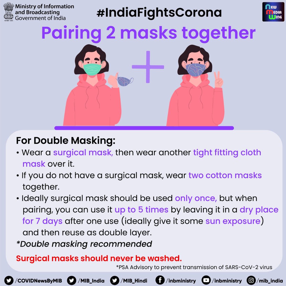 PIBTvpm's tweet image. #Unite2FightCorona 

Pairing 2⃣ masks for #DoubleMasking:

✅Wear a surgical mask, then a tight fitting cloth mask 

✅If you do not have a surgical mask, wear two cotton masks together

#PIBKochi @COVIDNewsByMIB @PIB_India @KirenRijiju @BSF_India @CRPF_sector @crpfindia