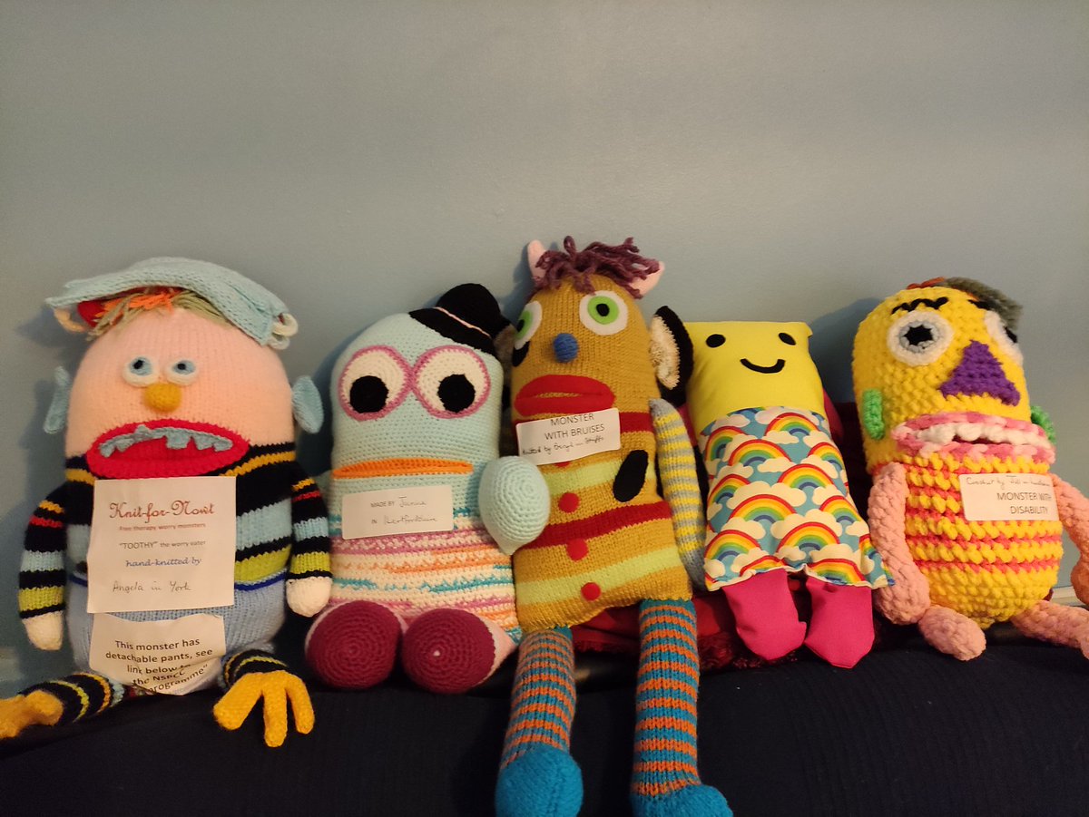 EdPsychAC's tweet image. So chuffed with my hand knitted and sewn worry monsters from #knitfornowt. Thank you to all the volunteers knitting across the country 🥰🥰