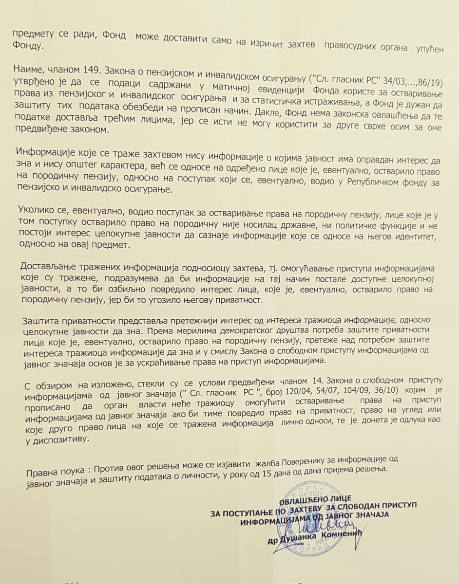 INinic's tweet image. Na pitanje: Kada i ko je podneo zahtev za porodičnu penziju nakon smrti Vladimira Cvijana? RF PIO odbija zahtev, uz tvrdnju da to nije informacija od javnog značaja!