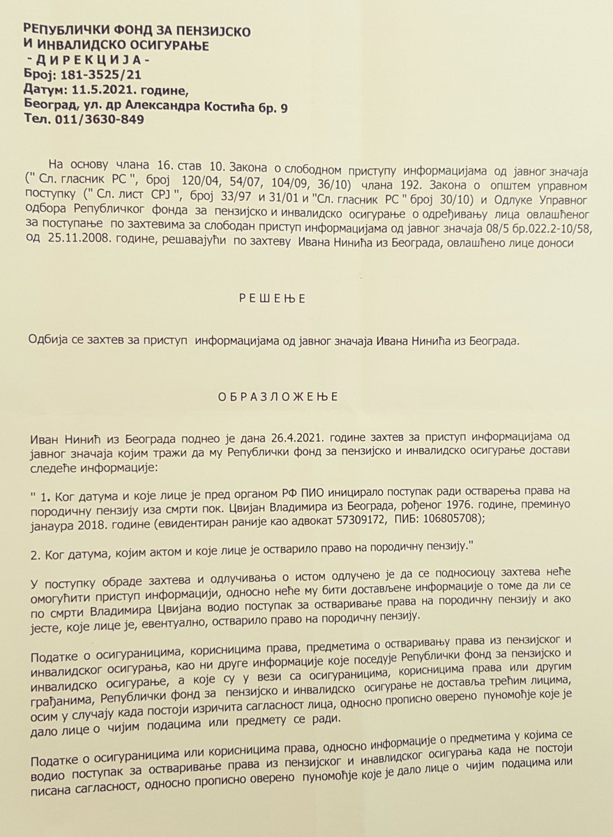INinic's tweet image. Na pitanje: Kada i ko je podneo zahtev za porodičnu penziju nakon smrti Vladimira Cvijana? RF PIO odbija zahtev, uz tvrdnju da to nije informacija od javnog značaja!