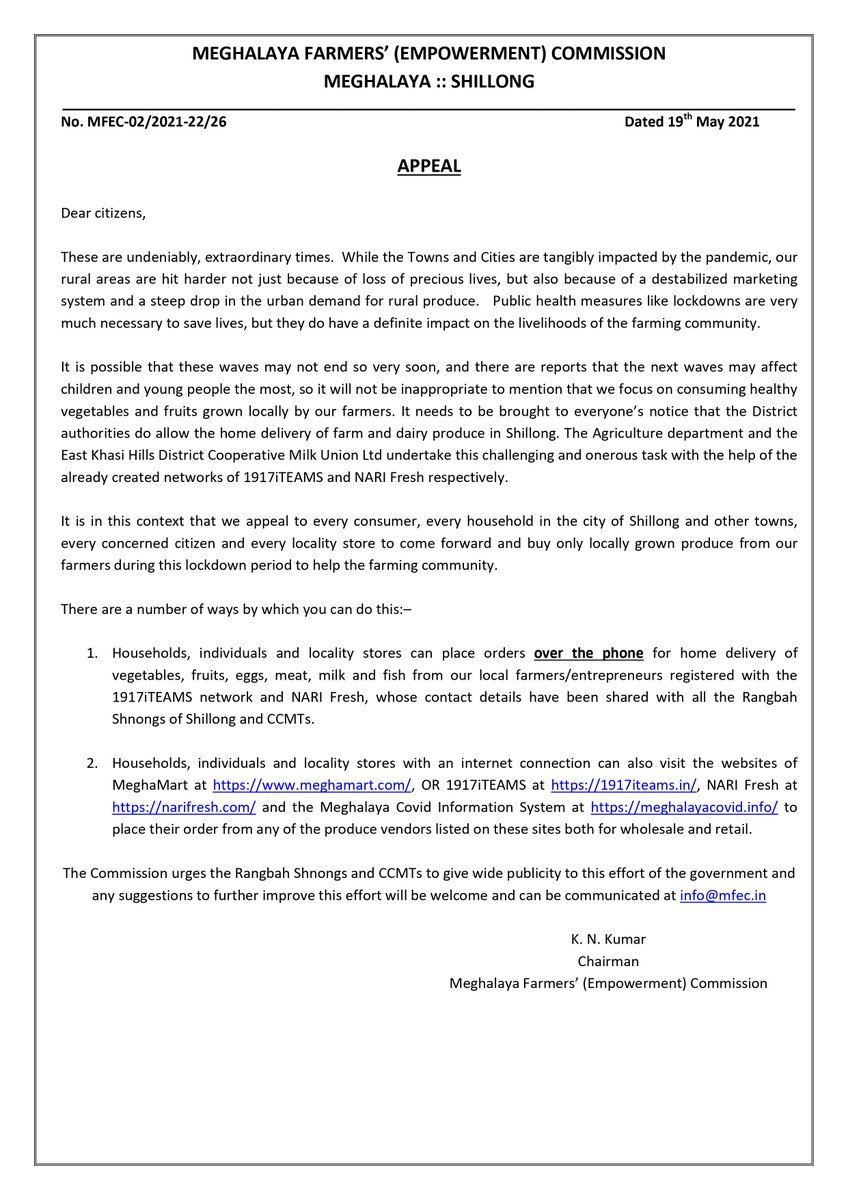 Tackling COVID 19 - Meghalaya Farmers' (Empowerment) Commission Appeal to the Citizens of Meghalaya.