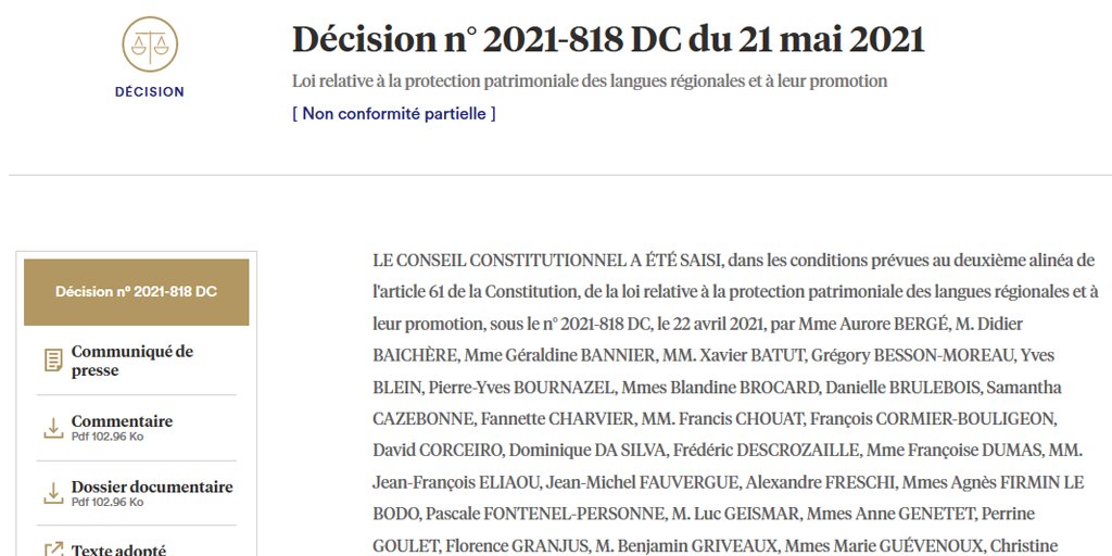 Conseil_constit's tweet photo. Décision n° 2021-818 DC du 21 mai 2021, [Loi relative à la protection patrimoniale des langues régionales et à leur promotion] Non conformité partielle
https://t.co/IxM2uIRGdj https://t.co/VOIUmVr9UX