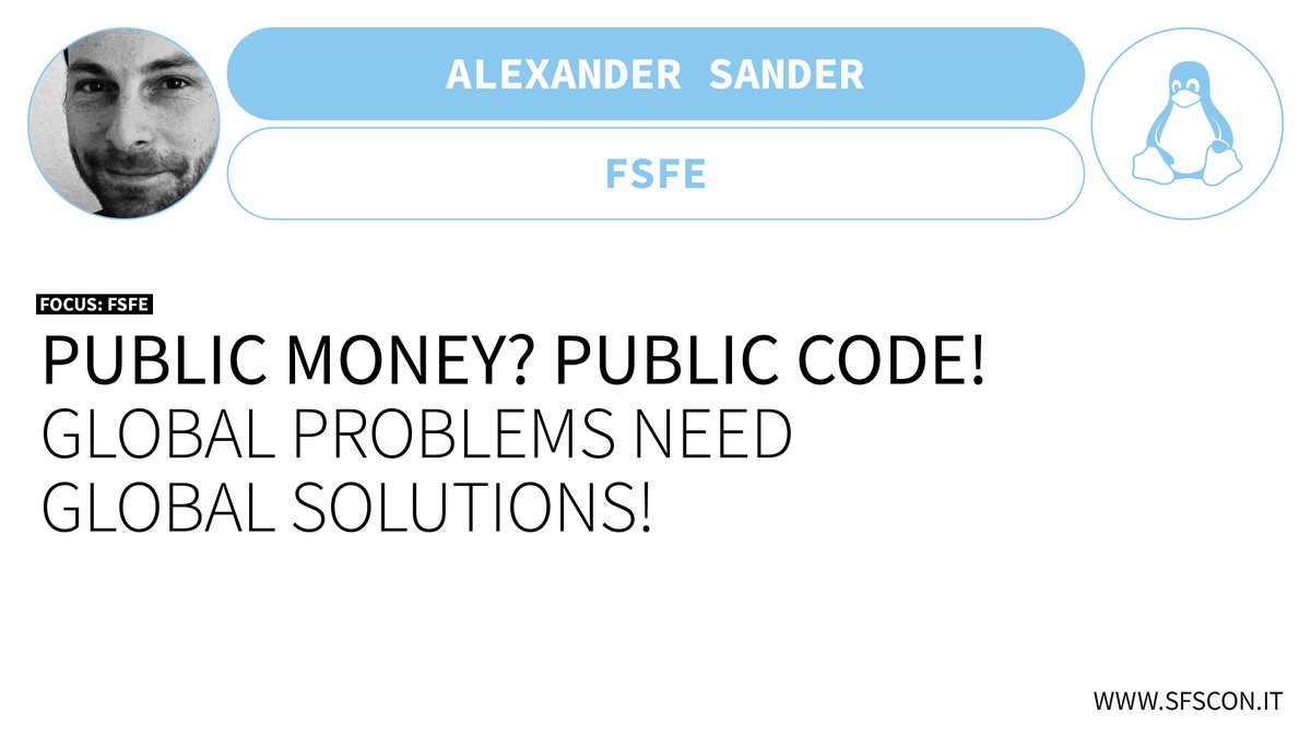 SFScon's tweet photo. πΉ Throwback - Watch #SFScon20!
π¬"Public Money? Public Code! Global problems need global solutions!", Alexander Sander @lexelas, EU public policy programme manager at @fsfe
π https://t.co/VknULseLw9 #PMPC
π£ Will you speak at #SFScon21?
π https://t.co/5qDqmkdHqT https://t.co/aBTBn1H4Ib