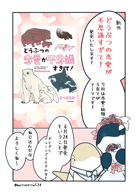 新刊
「どうぶつの恋愛が不思議すぎて!」6/24発売です、よろしくお願いします!_(:3 」∠ )_

https://t.co/JXE54TD71e 