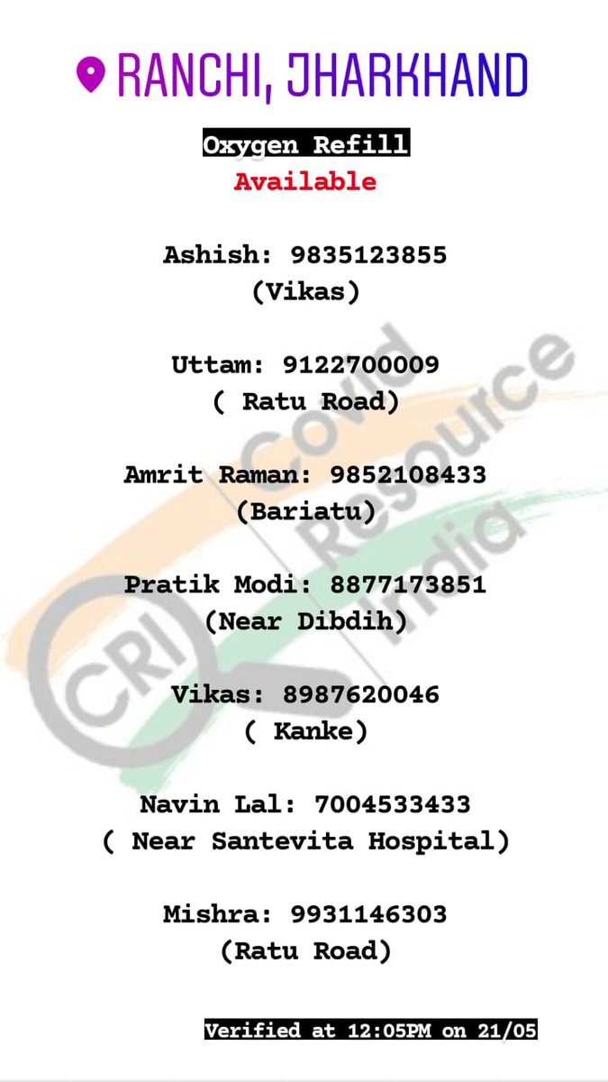 CovidResIndia's tweet photo. Ranchi Oxygen Cylinder refill available.
#Verified 
#Ranchi #Oxygen 
#oxygenrefill
#RanchiFightsCorona
#Covid #IndiaFightsCorona  #Covid19IndiaHelp #CovidHelp #CovidResources #OxygenRefill https://t.co/t2xOC4MHmS