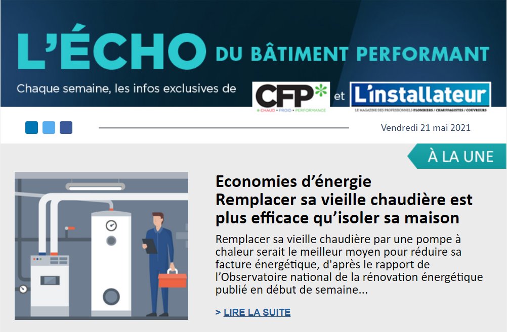 ✳️⚠️ A la Une ⚠️✳️
- La réno à la loupe par le <a href="/Ecologie_Gouv/">Min. Ecologie Territoire Transports Ville Logement</a> 
- CFP de mai est paru
- La filière radiateurs à eau craint la panne après l’euphorie
- L’hydro-distribution démarre fort 2021
- Le bois-énergie veut passer à la seconde !
Tout est là ⬇️
x0h4i.mjt.lu/nl2/x0h4i/z5jt…