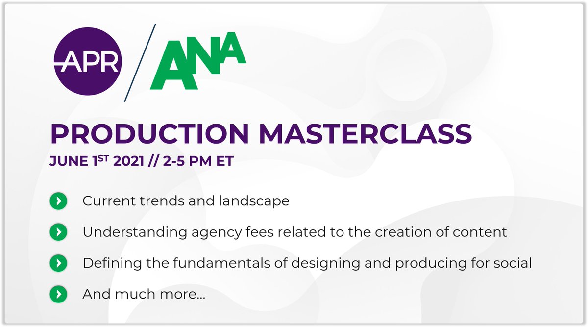 We're looking forward to presenting a virtual Production Masterclass (Optimize Your Content Creation and Maximize Your Agency Impact by Understanding the Production Process - Including Digital Production) on June 1st, 2-5 PM ET.

Register here: hubs.ly/H0NS7qd0