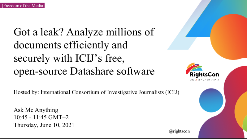 ICIJorg's tweet photo. .@SolineLedesert and Maxime Vanza Lutonda will do a tech demo (in English and French!) on #ICIJDatashare, showing how we analyze millions of documents collaboratively to uncover the biggest stories in the world.
Register for @rightscon by Friday, May 21: https://t.co/I7XInn7TF0 https://t.co/QADJipE8JE