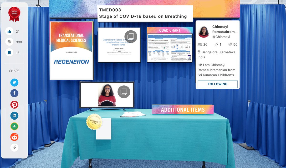 acousticsorg's tweet image. The ASA Honorable Mention went to Chinmayi Ramasubramanian for the project TMED003 - Stage of COVID-19 based on Breathing. Check it out: projectboard.world/isef/project/t… #makeprojects #RegeneronISEF