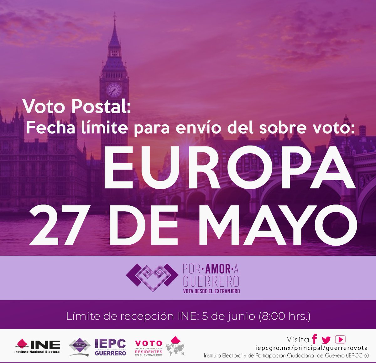 📣📣Guerrerense que vives en #Europa, tienes hasta el 27 de mayo para enviar tu #SobreVoto 🌍 

¡Tu participación fortalece nuestra democracia! 💜 Gracias.

#VotoDesdeElExtranjero