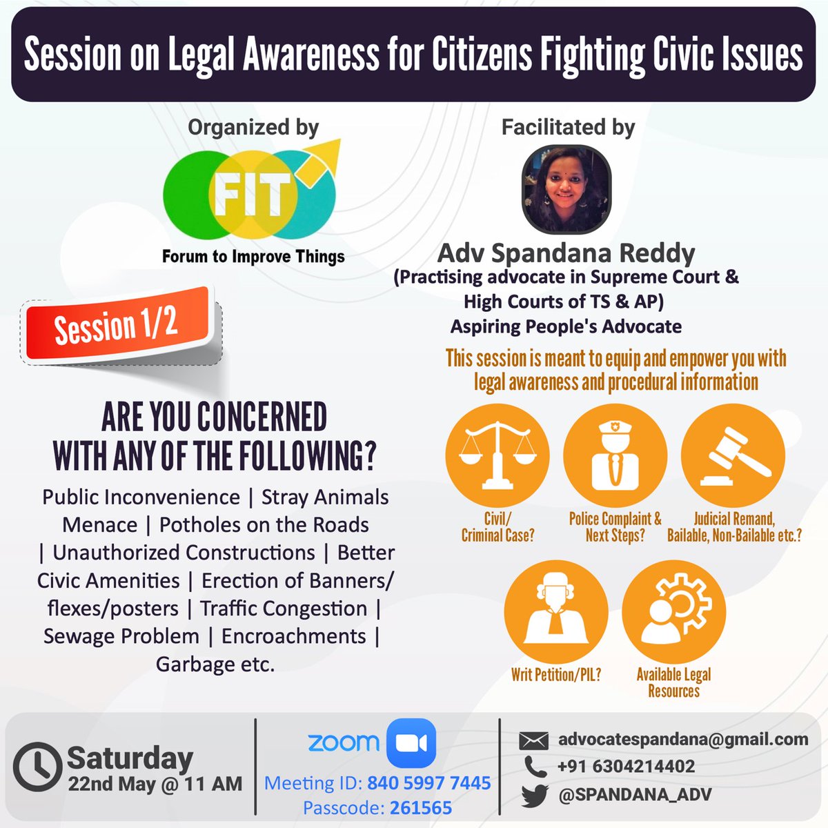 Are you the one fighting any civic issues? Striving for better civic amenities? 

Respect your concern and action 🙏 Session meant to equip and empower you with legal awareness and procedural info. An attempt to add more strength to your fight. 

#LegalAwareness #AdvocateSpandana