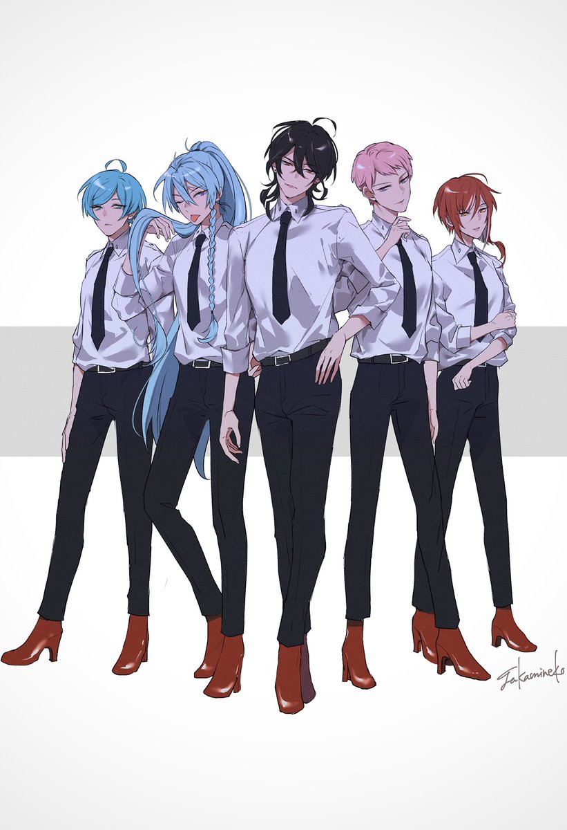 multiple boys necktie pink hair blue hair long hair shirt high heels  illustration images