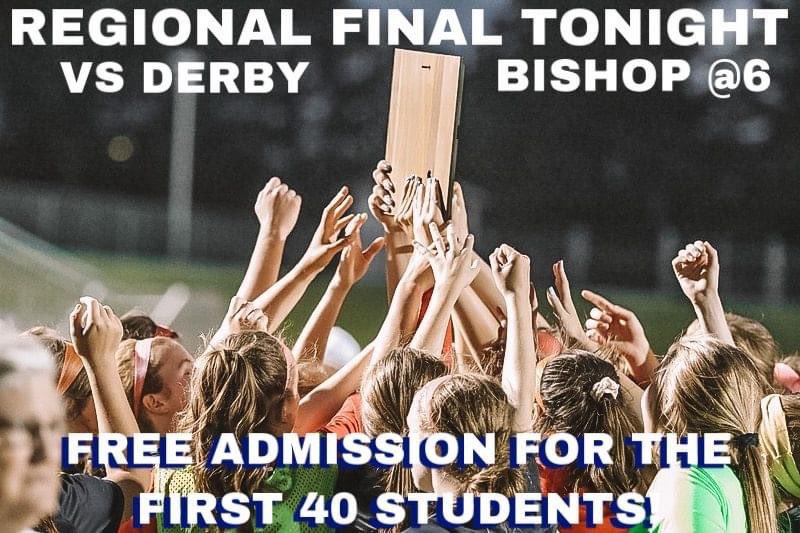 Come support the Lady Indians in the regional final tonight against Derby @ Bishop stadium at 6:00 p.m.  Free tickets will be handed out to the first 40 students starting ~5:40.  Sponsored by Family and Implant Dentistry and the parent fundraising account. Go tribe! #NOW