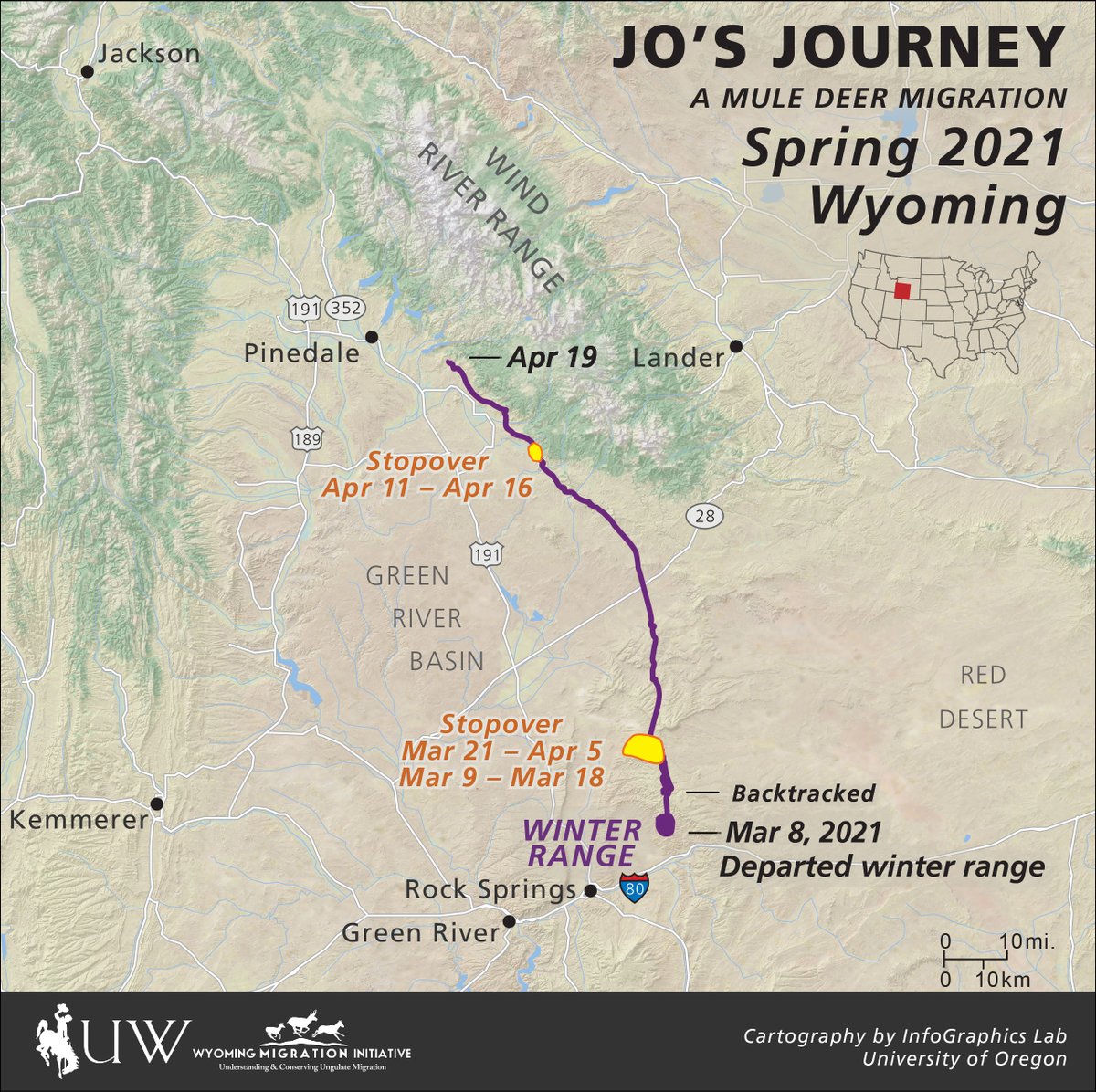 #MigrationTracking! #JoTheMuleDeer is migrating while pregnant with twins. She left her 2nd stopover & is nearing Pinedale, WY. #KnowYourCorridors #IBrakeForMigration #deer #wyoDeer #MuleDeer #GoJoDeerGo 
@wyokauffman
Maps by:
@uogeog
@JoannaMerson
@ASteingisser
@Jim_Meacham