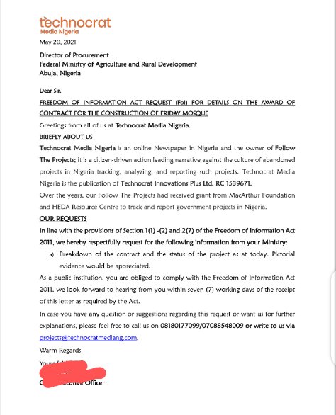 4lowTheProjects's tweet photo. Yesterday, we took step by sending an #FOIRequest to the Director of Procurement at the @FmardNg on the alleged award of 30m Friday Mosque using public funds by the Minister. We expect official response from the Ministry within 7 Days #FollowTheProjects
Cc: @macfound @HEDAgenda https://t.co/LsU0tvU69A