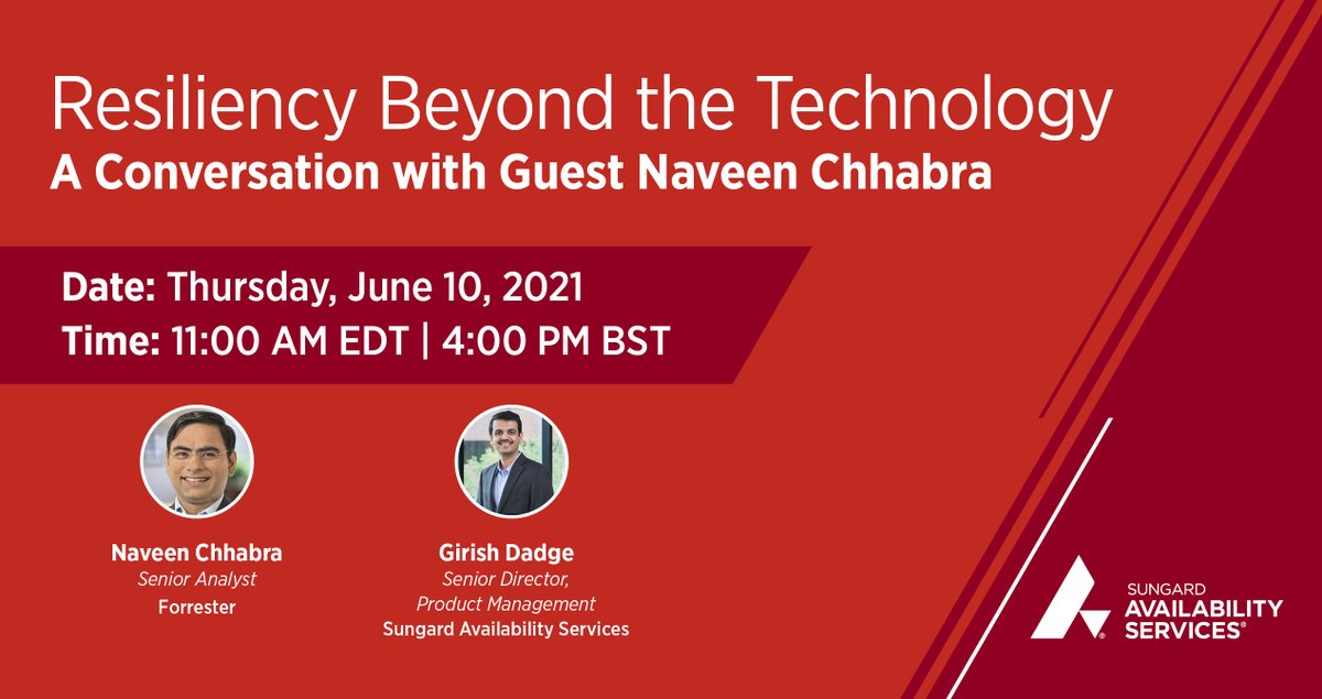 WrightYa's tweet photo. How can business #resilience help your company gain a competitive advantage? Join Sungard AS’ Girish Dadge June 10 for a conversation with our guest, Forrester’s Naveen Chhabra, Senior Analyst. Register today! https://t.co/qpVblA9YAo https://t.co/F0CuAkGDzr