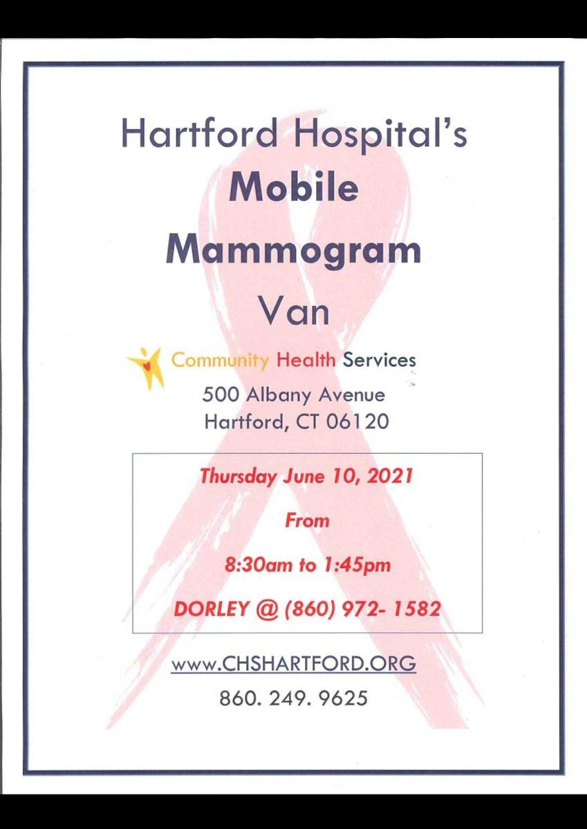 TAKE THE TIME!!
Hartford Hospital's Mobile Mammography Van will be here at CHS on Thursday June 10th from 8:30am to 1:45pm! On-site services include screening mammograms, breast health education, and educational materials. Come on down, slots are limited!