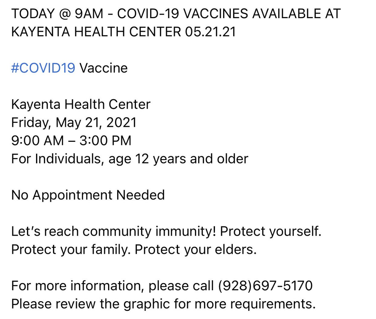 TODAY @ 9AM - COVID-19 VACCINES AVAILABLE AT KAYENTA HEALTH CENTER 05.21.21