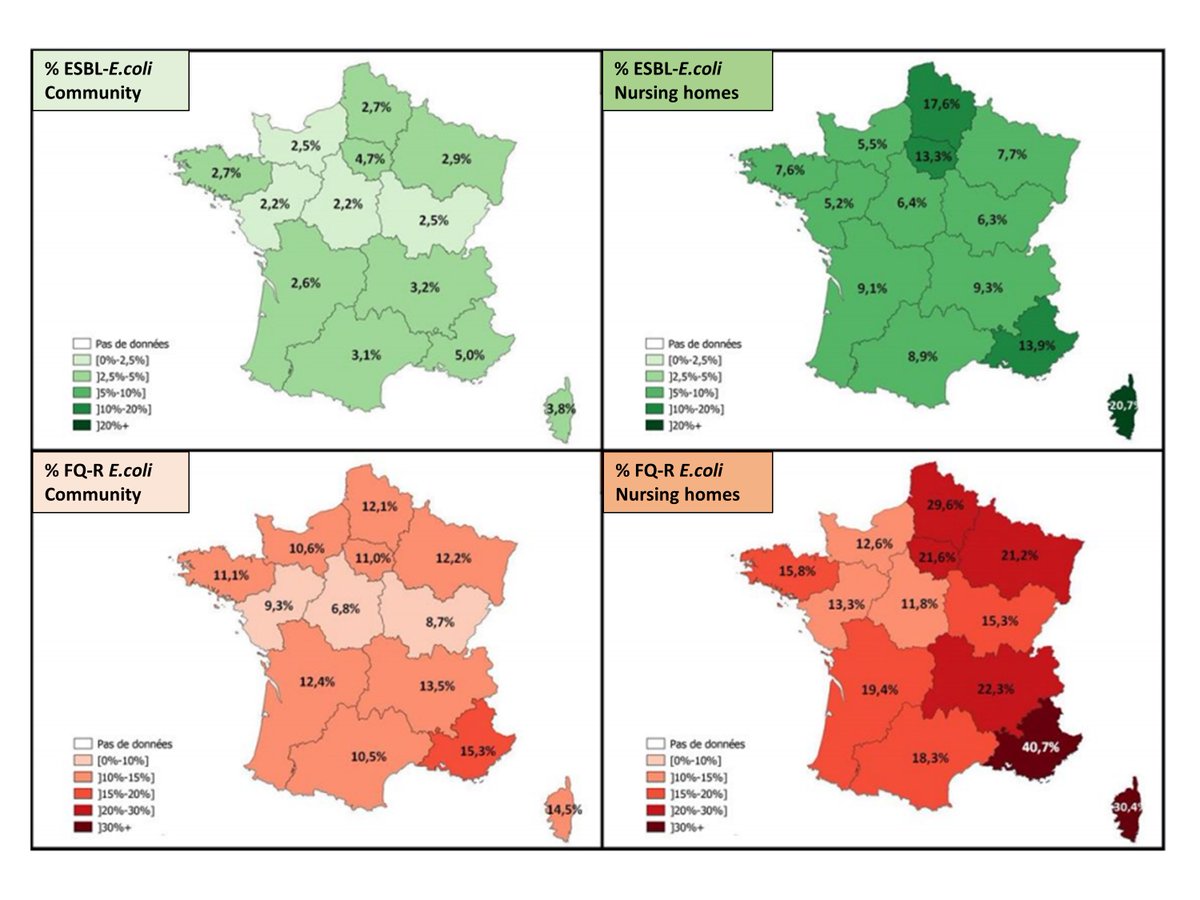 📢🔥🧐French national surveillance of AMR. 
For patients living at home, 3.0% of E. coli strains isolated in 2019 were producing ESBL, versus 8.7% of those isolated from residents living in nursing homes.
medqualville.antibioresistance.fr
<a href="/hcsp_fr/">HC santé publique</a> <a href="/SantePubliqueFr/">SantépubliqueFrance</a>