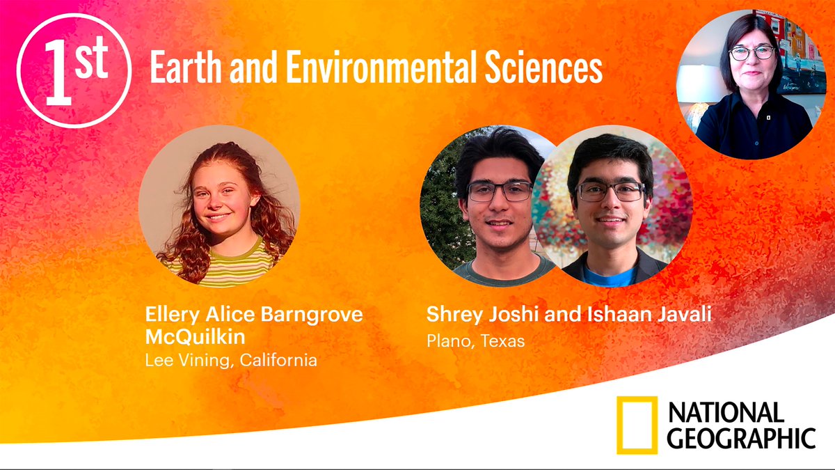 Congrats to the winners of the Earth &amp; Environmental Sciences category sponsored by <a href="/InsideNatGeo/">National Geographic Society</a>, including First Award winners Ellery Alice &amp; Barngrove McQuilkin of the USA and Shrey Joshi &amp; Ishaan Javali of the USA! #RegeneronISEF