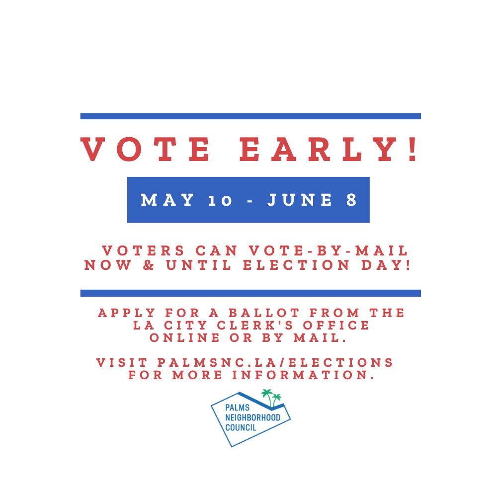 PalmsNC's tweet photo. It's been a week+ since #Palms stakeholders started receiving Vote-By-Mail ballots for the 6/8 #NeighborhoodCouncilElections. You may cast your #vote as soon as you get it &amp; return it by mail.

Need more time? The Ballot Drop-Box @palmsrancholapl will be open 6/4-6/8. #PalmsVotes https://t.co/vHnYmA8WWq