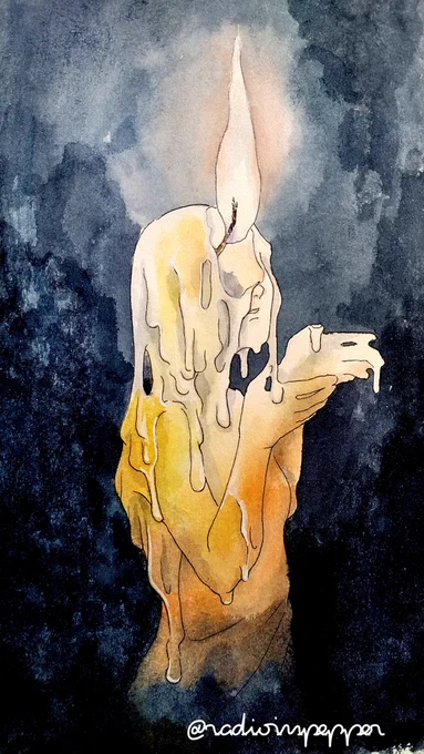 #人外版深夜の真剣お絵描き60分一本勝負
お題お借りしました。
「短命から連想する人外」
蝋燭のつくもがみ、使うと熔けてしまうのかな 