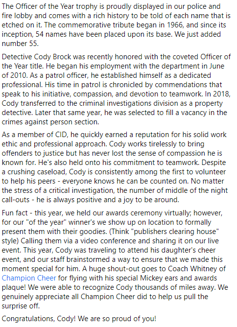NRHPD's tweet photo. Detective Cody Brock was recently honored with the coveted 'Officer of the Year' title. Congrats to him! And thank you to @ChampionCheerAS for your help in presenting him with his award from thousands of miles away! https://t.co/LeeTH23tJC