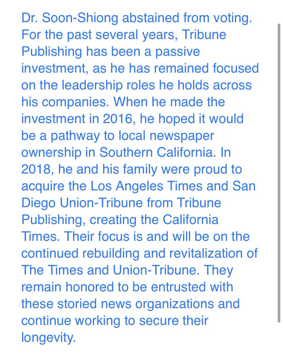 davidfolkenflik's tweet photo. Alden will win Tribune: LAT owner Patrick Soon-Shiong, who holds 24 percent stake in Tribune, says he has abstained from voting as it has been a passive investment. 

Full statement from Soon-Shiong spokesoman Hillary Manning👇🏼 https://t.co/1D4Ne2BaXl