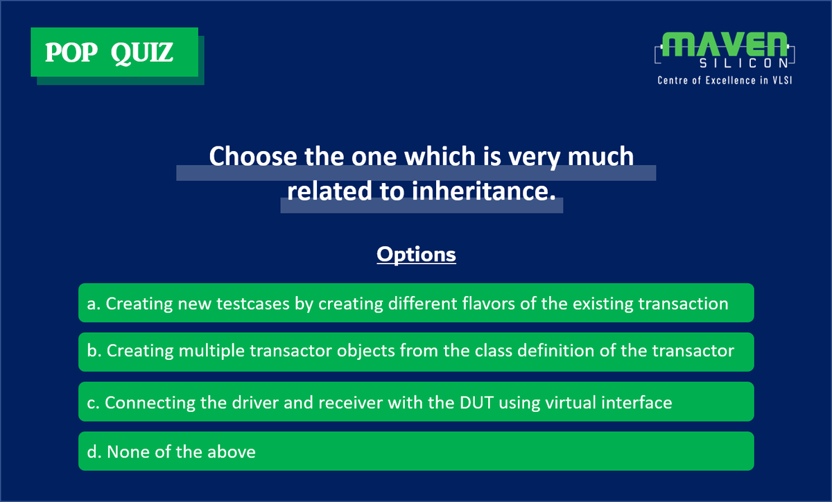 MavenSilicon's tweet image. Hey, VLSI aspirants out there! Curious to solve the Verification quiz again?

Refer to our Verification blog articles, maven-silicon.com/blog/category/…

#quiz #popquiz #technicalquiz #quizzes #answer #vlsi #quizoftheday #mavensilicon #verification