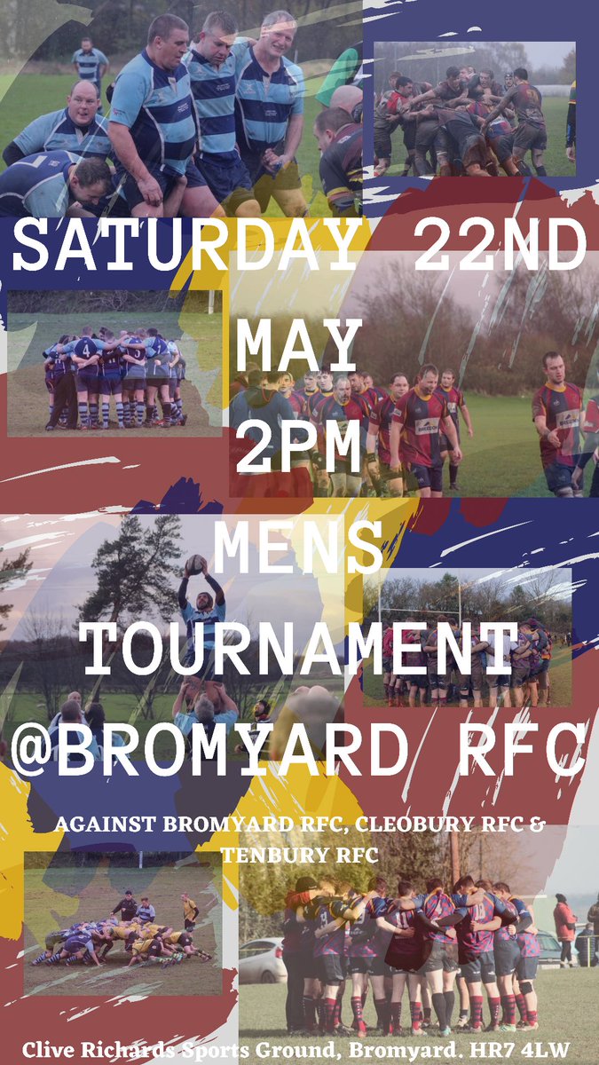 This Saturday 22nd May the men are playing their first competitive games of the year. 

The tournament is being held at Bromyard RFC. They will be playing against Bromyard, Cleobury and Tenbury🏉

2pm start

Hopefully the rain holds off and it will be an enjoyable day for all!