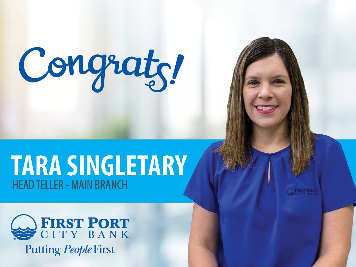 First Port City Bank would like to Congratulate Tara Singletary on her New Position as Head Teller. FPCB is thankful for Tara and is Excited to see her Flourish in her New Position. #PuttingPeopleFirst #BankLocal #BankPromotion #BankingCareer #HardWorkPaysOff