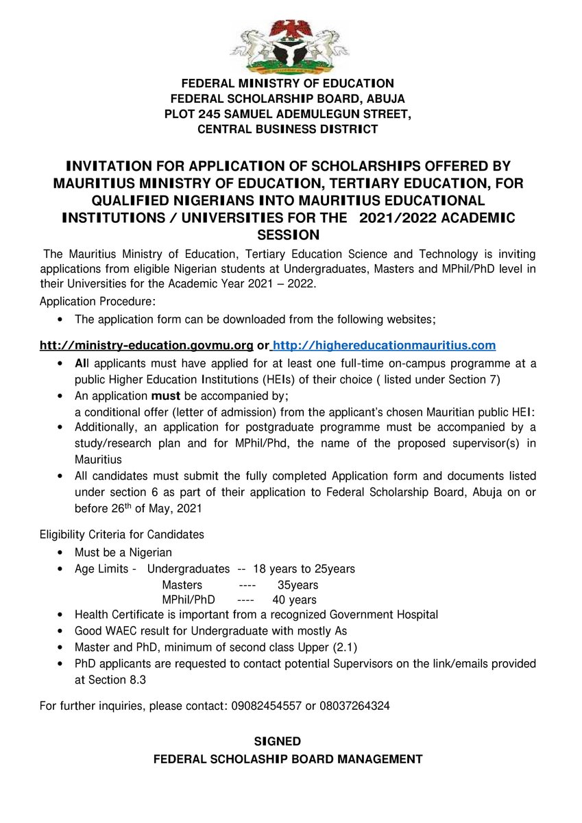 NigEducation's tweet image. Call for Applications: 2021/2022 INVITATION FOR APPLICATION OF SCHOLARSHIPS OFFERED BY MAURITIUS MINISTRY OF EDUCATION

Application Form: highereducationmauritius.com