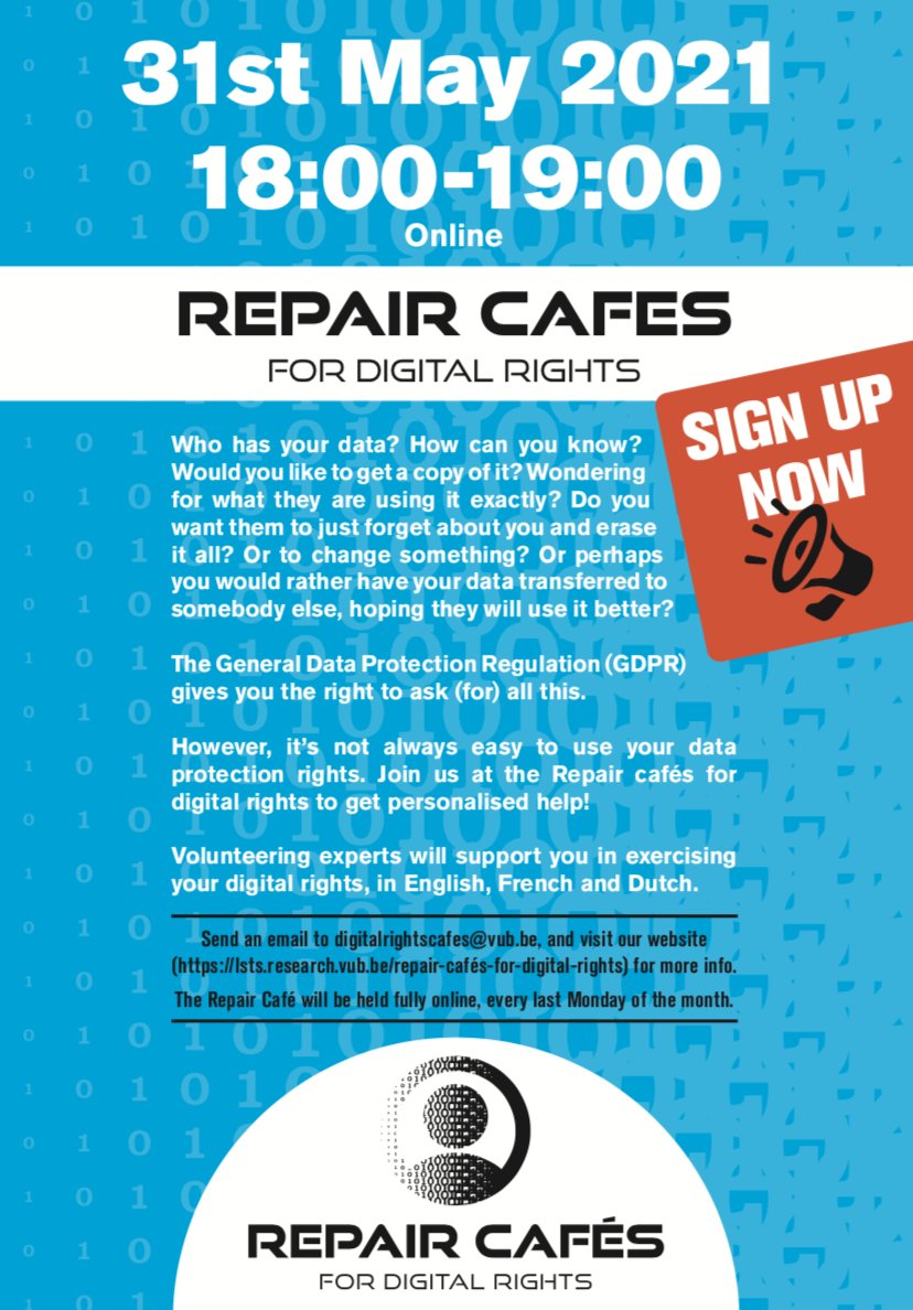 new Repair Café for Digital Rights #BXL 31 May 2021! this is a call for anybody in #BXL who might know people who have personal #dataprotection problems, #datarights dramas &amp; #GDPR existential doubts: we want to hear from them, help them, cheer them up! please send them here