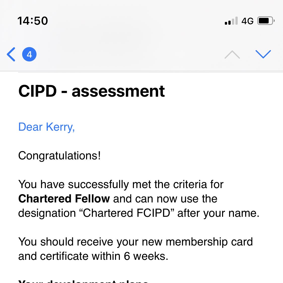KerryEldridge1's tweet photo. Fantastic Friday email to receive - confirming I am now a Chartered Fellow CIPD member #FCIPD 🎉🥳🥂 https://t.co/nCXPnFyhle