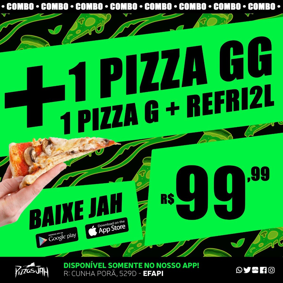 pizzasjah's tweet photo. 🚨 Atenção para a novidade: Agora temos combos disponíveis no #PizzasJah! 🤩🤤 Combos no precinho pra você se deliciar! 😉💚

👉 Combo: 01 pizza GG + 01 pizza G + 01 refrigerante 2 litros sai por R$99,99.

📌 Confira todos os combos disponíveis no nosso aplicajah. https://t.co/AlswA8huRm