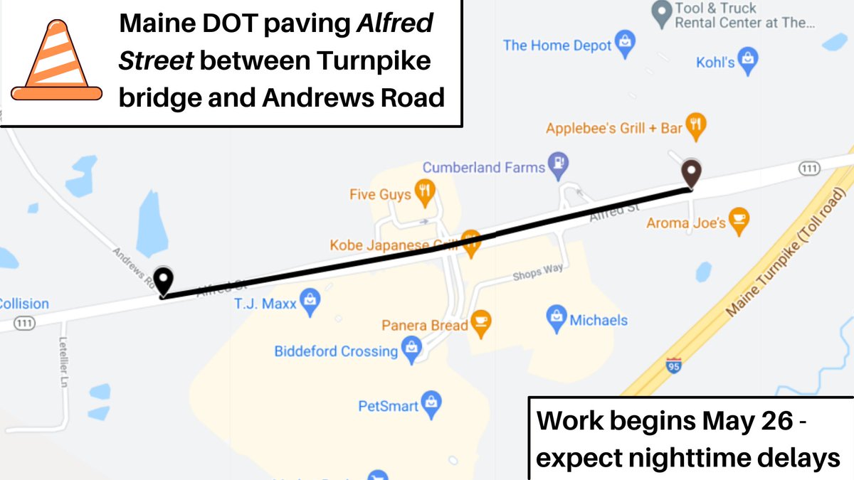 BiddMECity's tweet photo. The Maine DOT will be completing a paving project on Alfred St between the turnpike bridge &amp; Andrews Road. Work is scheduled to begin on May 26. Most work is set to take place overnight to limit disruptions to traffic. Please expect delays and possible single-lane traffic. https://t.co/585ixJSysO