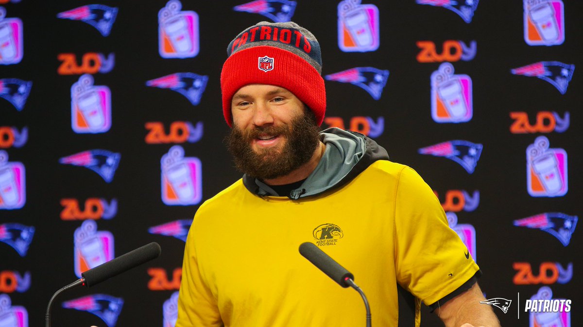 Patriots's tweet photo. It's not an @Edelman11 photo dump without a few playoff beards, a yellow @KentStFootball t-shirt &amp; that 2011 flow. 

Happy birthday, Jules! https://t.co/qDc8zRTYb4