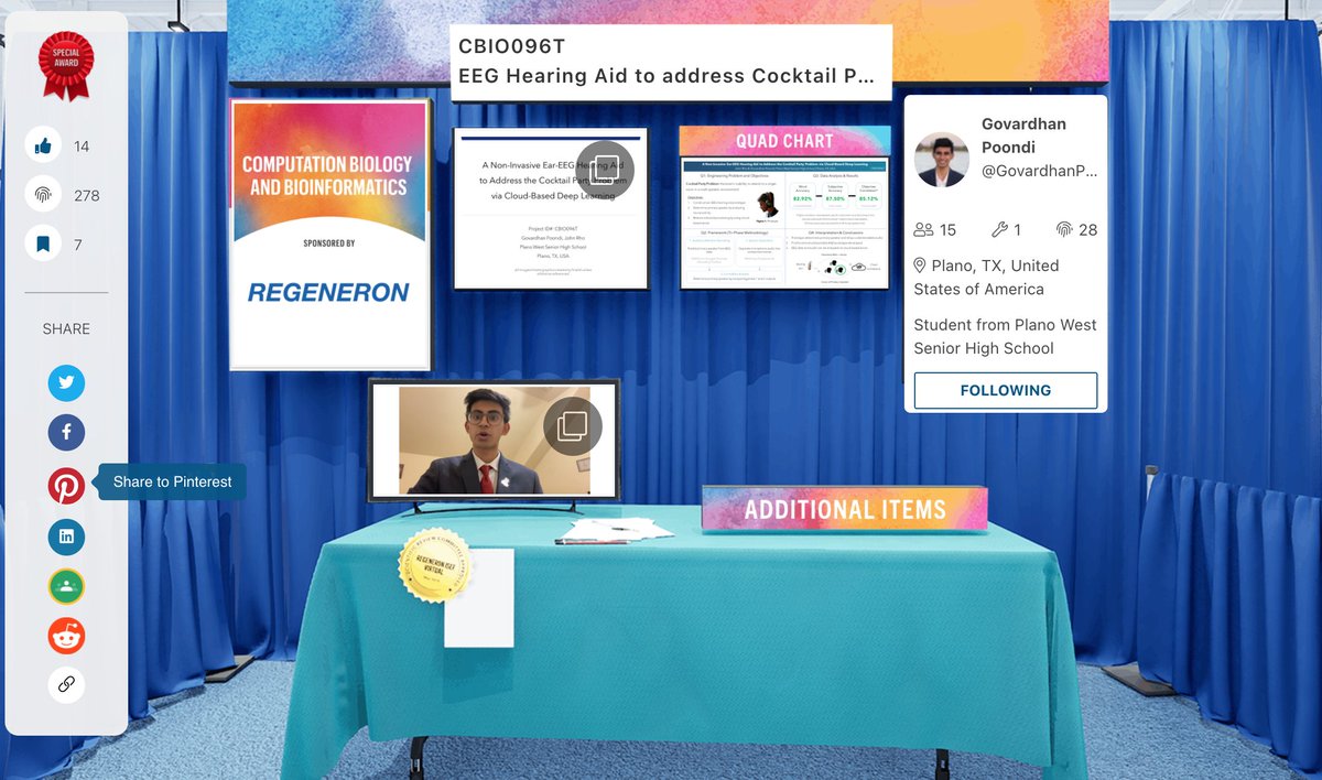 acousticsorg's tweet image. Congratulations to Govardhan Poondi &amp;amp; John Rho, the ASA Third Award Winners. See the project: CBIO096T - EEG Hearing Aid to address Cocktail Party Problem projectboard.world/isef/project/c… #makeprojects #RegeneronISEF