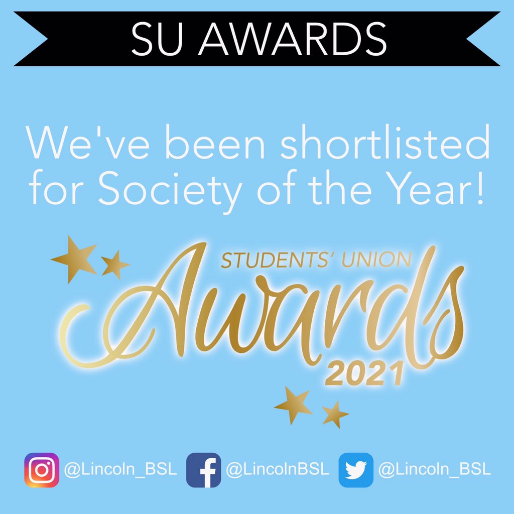 Did you know that we’ve been shortlisted for ‘Society of the Year’ in the SU Awards!? 🤩

We are so excited - a massive thank you to anyone who nominated us 😊

#BSL #BritishSignLanguage #LincolnBSL #LincolnUni #WeAreLincoln #ULSU #SignLanguage #SUAwards #SocietyOfTheYear