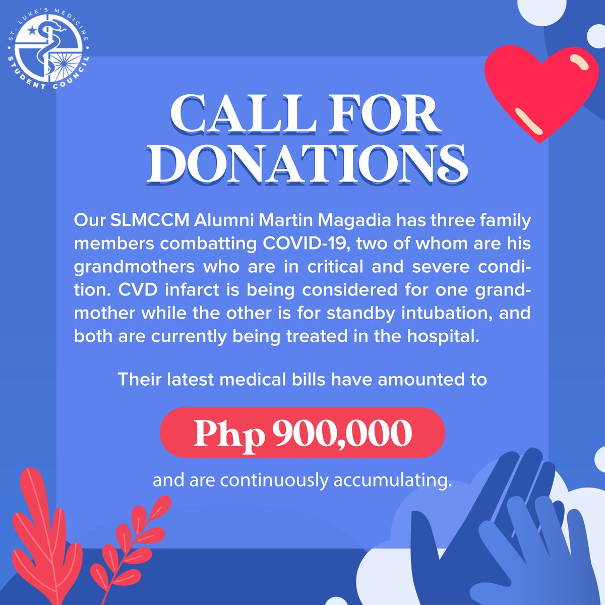 StLukesMSC's tweet photo. [CALL FOR DONATIONS]

We are humbly asking for financial help for our alumni Martin Magadia and his 3 family members as they combat COVID-19, two of whom are his grandmothers who are in critical and severe condition. https://t.co/ZgfLD8Nni7