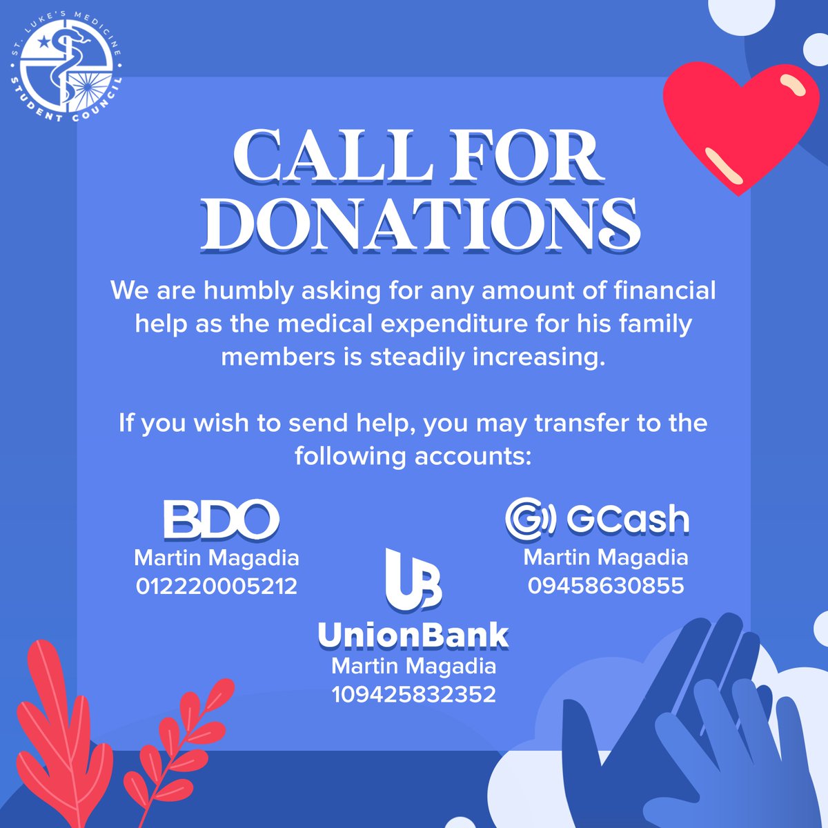 StLukesMSC's tweet photo. [CALL FOR DONATIONS]

We are humbly asking for financial help for our alumni Martin Magadia and his 3 family members as they combat COVID-19, two of whom are his grandmothers who are in critical and severe condition. https://t.co/ZgfLD8Nni7