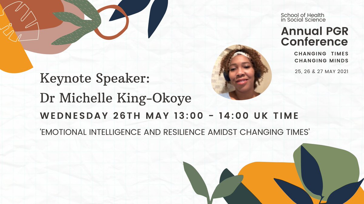 Save the date 📅 May 26th 1-2pm 

<a href="/MMKingOkoye/">Dr Michelle King-Okoye🇹🇹🇬🇧🇦🇺</a> will talk about 'Emotional Intelligence and Resilience amidst Changing Times' at the PGR conference <a href="/EdinUniHealth/">School of Health in Social Science</a> 

She will answer questions about resilience in #BAMEwomen during the pandemic. Register here: ow.ly/GCcg50ES8XU
